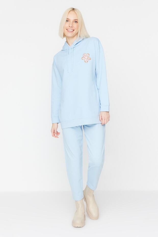 Light Blue Floral Motif Knitted Tracksuit Set TCTAW23EN00058