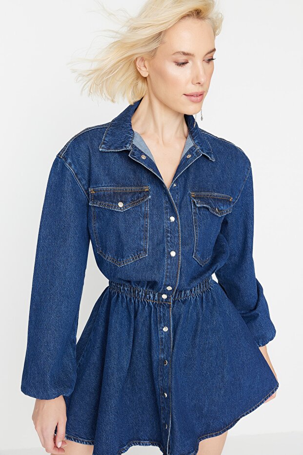Lacivert A-Kesim Beli Lastikli Denim Kısa Şık Mezuniyet Elbisesi TPRAW23EL00420 - 4