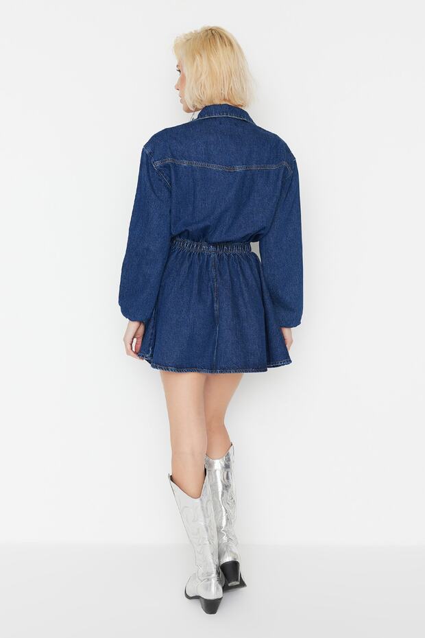 Lacivert A-Kesim Beli Lastikli Denim Kısa Şık Mezuniyet Elbisesi TPRAW23EL00420 - 6