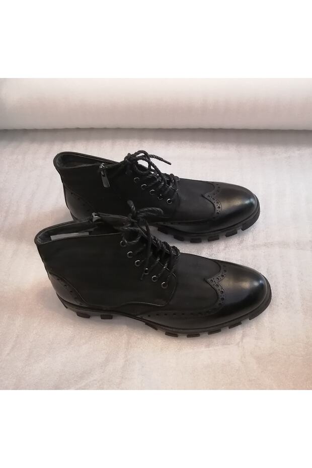 Erkek Hakiki Deri Siyah Nubuk Kombin Fermuarlı Bağcıklı Kalın Ağır Kauçuk Taban Bot - 2