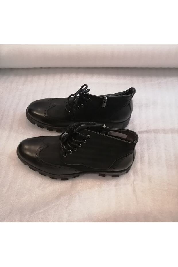 Erkek Hakiki Deri Siyah Nubuk Kombin Fermuarlı Bağcıklı Kalın Ağır Kauçuk Taban Bot - 3