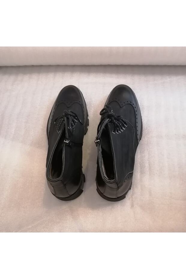 Erkek Hakiki Deri Siyah Nubuk Kombin Fermuarlı Bağcıklı Kalın Ağır Kauçuk Taban Bot - 4