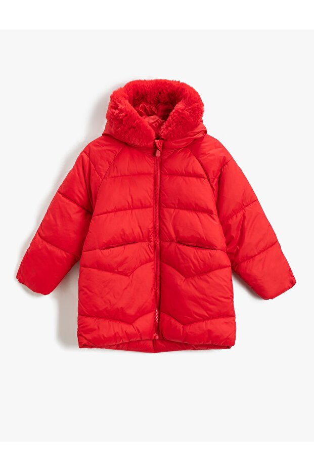 Long Puffer Jacket with Hooded Faux Fur Detail