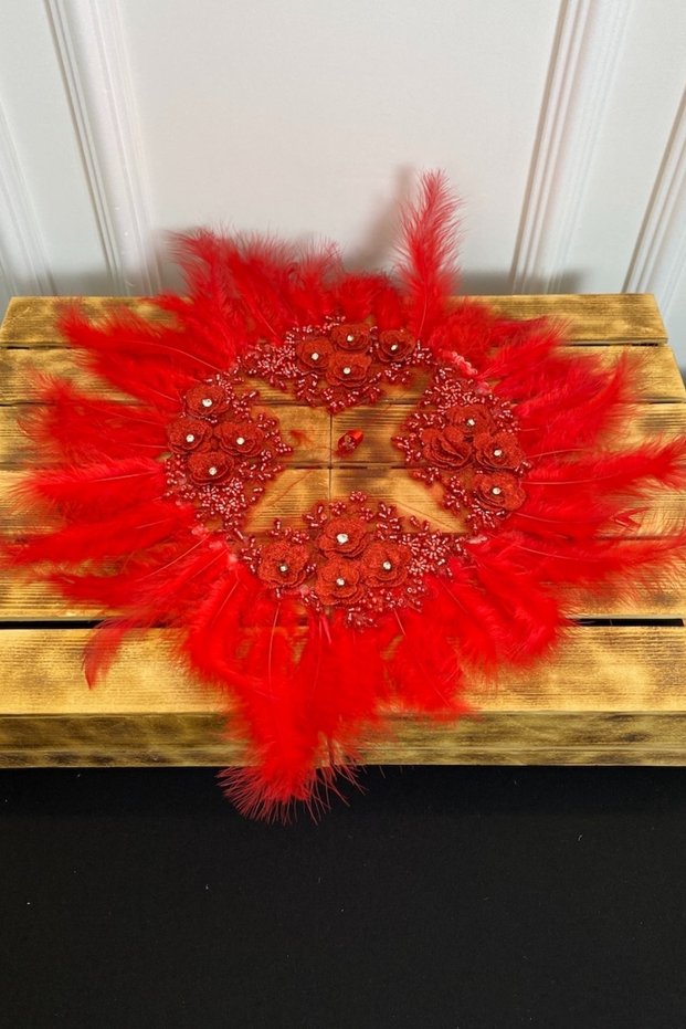 Red Luxury Bride Groom Henna Halay Handkerchief, Stone Layered Flower Guipure Glass Bead Detailed