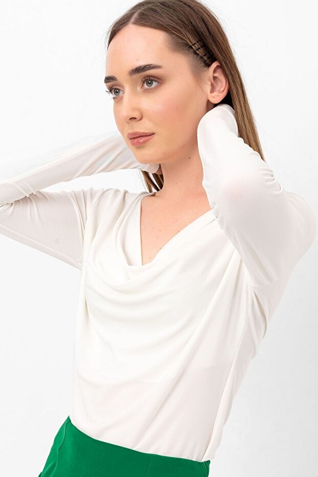 Ecru Degaje Yaka Uzun Kol Bluz - 3