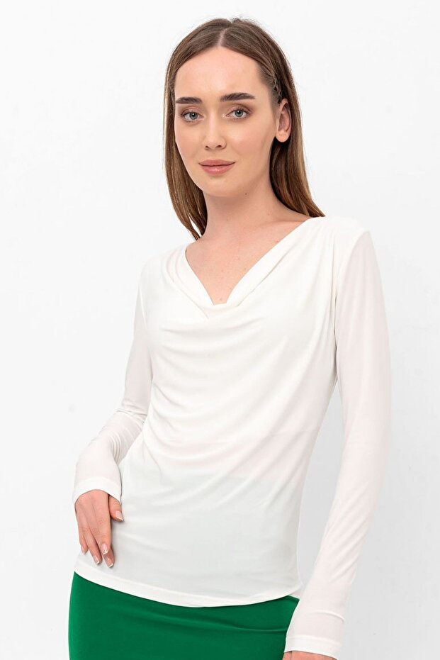 Ecru Degaje Yaka Uzun Kol Bluz - 4