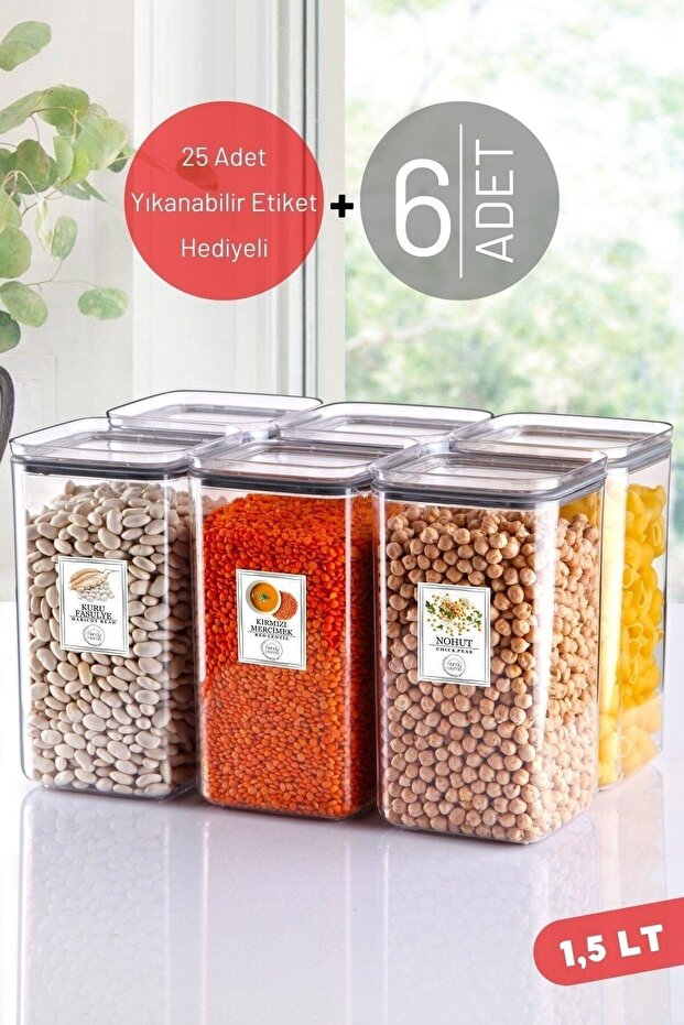 6 Pieces 1.5 Lt Water Resistant Labeled, Square Food Storage Container Transparent