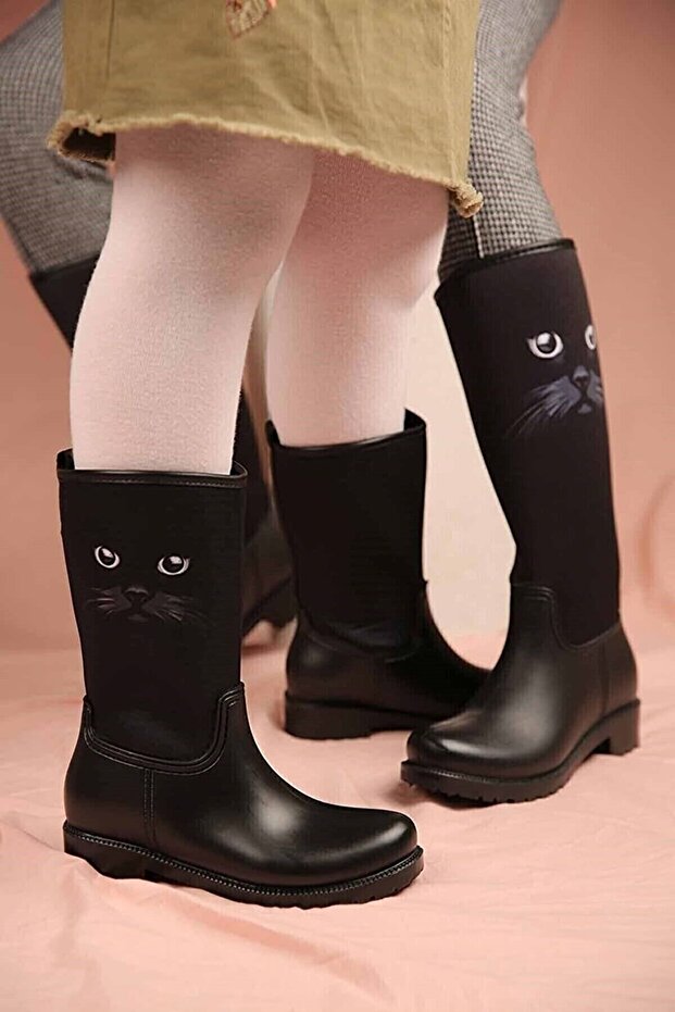 Water and Cold Resistant Girl's Rain Boots with Wool Inside and Cat Detail