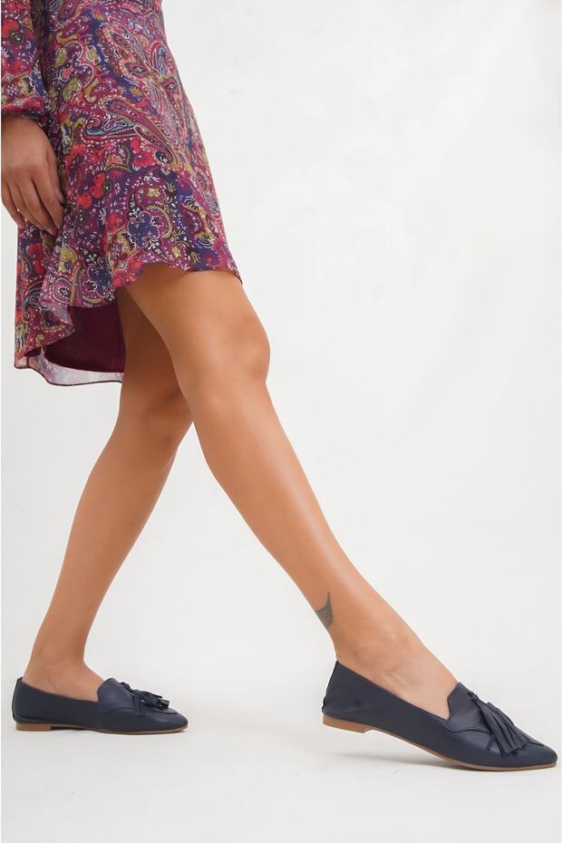 Genuine Leather Navy Blue Women's Leather Ballerinas Dp58-4026