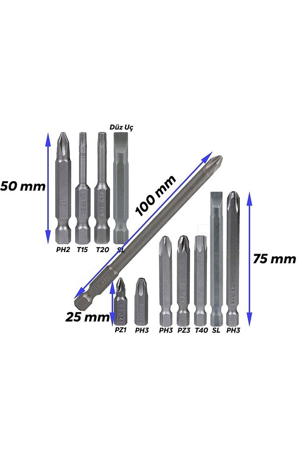 Klytek Matkap Bits Uç Vidalama Ucu Düz Yıldız Torx Uç (12 Parça) - 4