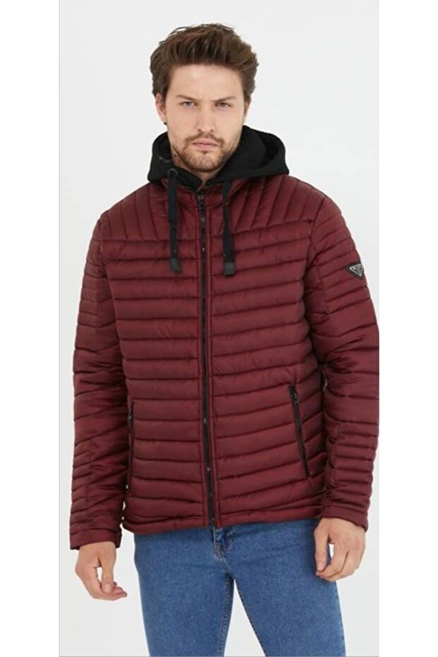 Men's Burgundy Detachable Hooded Puffer Jacket M5342