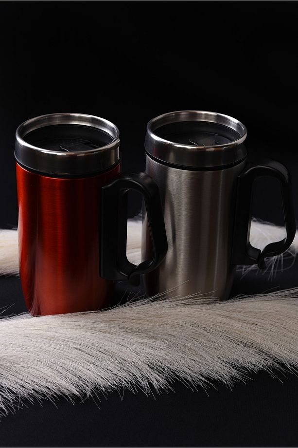 Çift Katlı Kauçuk Taban 280ml Gümüş Gri Kulplu Paslanmaz Çelik Küçük Termos Bardak Kupa Çay Kahve - 6
