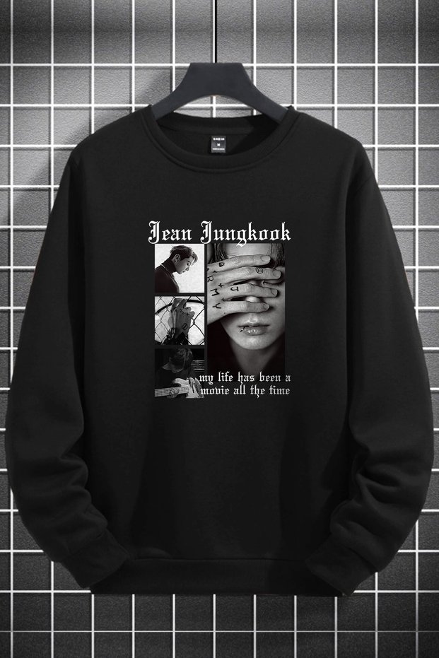 Unisex Women's Men's Jeon Jungkook Printed Crew Neck Black Sweatshirt
