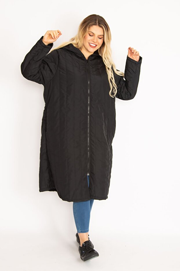 Women's Large Size Black Quilted Hooded Front Zipper Puff Coat 65n35130 - 3