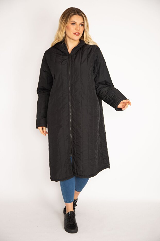 Women's Large Size Black Quilted Hooded Front Zipper Puff Coat 65n35130 - 5