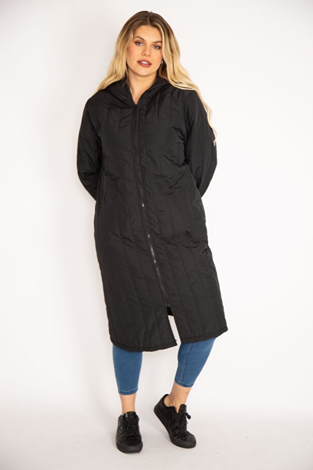 Women's Large Size Black Quilted Hooded Front Zipper Puff Coat 65n35130 - 6