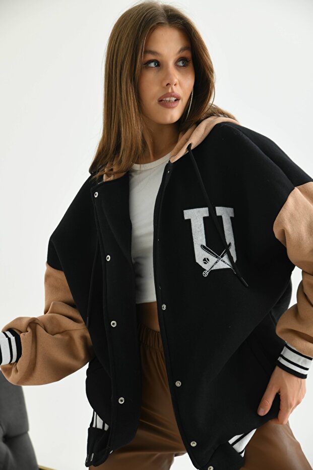 Unisex Hooded Back Embroidery College Jacket