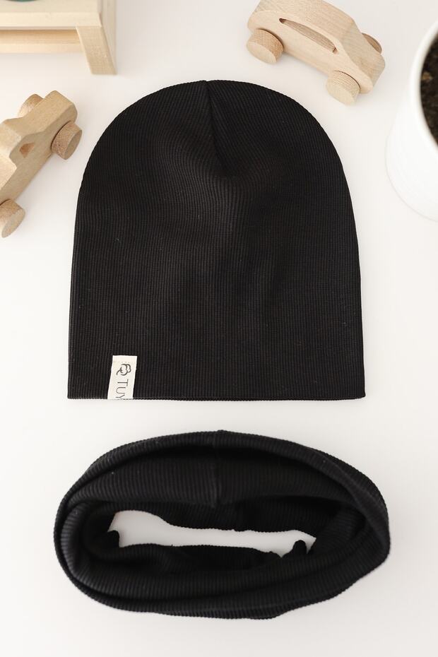 Black Rib Beanie Neck Collar Set
