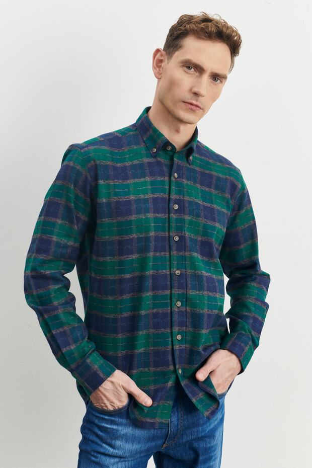 Erkek Lacivert-yeşil Comfort Fit Rahat Kesim Düğmeli Yaka %100 Pamuk Flanel Oduncu Gömlek - 1