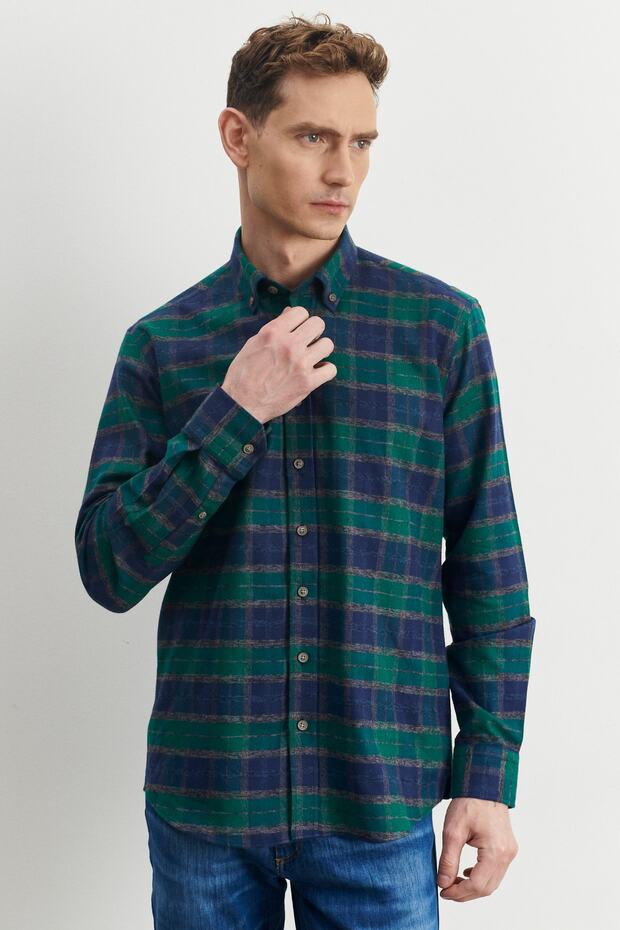 Erkek Lacivert-yeşil Comfort Fit Rahat Kesim Düğmeli Yaka %100 Pamuk Flanel Oduncu Gömlek - 3