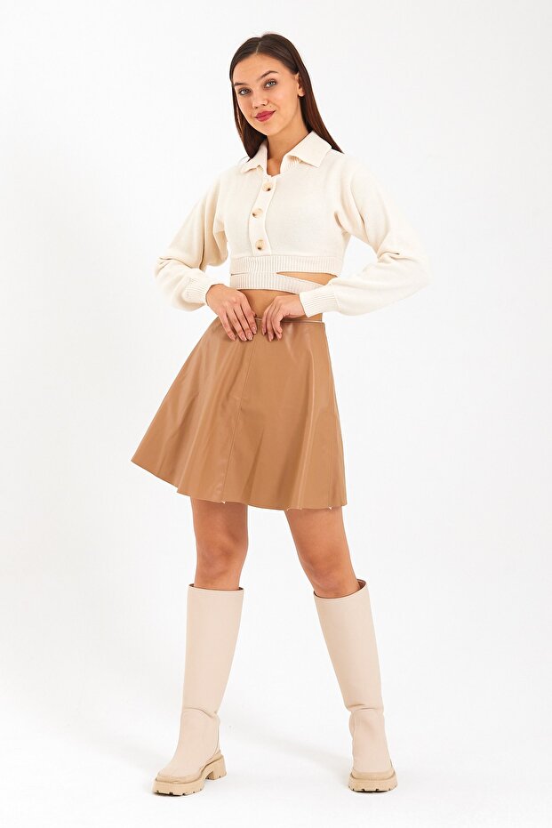 Camel Beli Lastikli Kloş Deri Mini Etek - 7