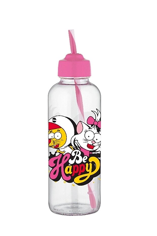 Fuchsia King Şakir Patterned Glass Bottle Flask with Straw