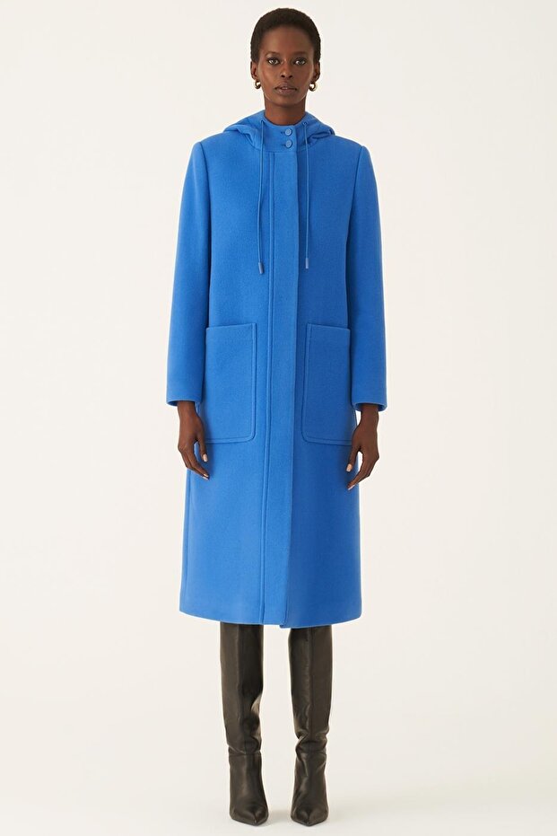 Wender Regular Fit Hooded Midi Length Cobalt Blue Color Women's Coat