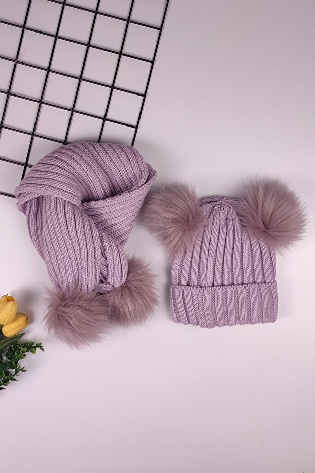 Unisex Children's Double Pompom Scarf Beanie Set