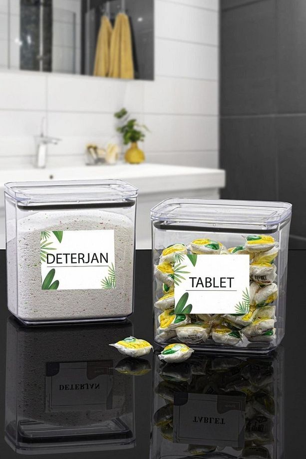 Çok Kullanışlı Dekoratif Dikdörtgen 2,2 Lt Vakum Kapaklı 2'li Set Tablet, Deterjan Saklama Kutusu - 5