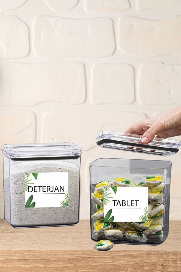 Çok Kullanışlı Dekoratif Dikdörtgen 2,2 Lt Vakum Kapaklı 2'li Set Tablet, Deterjan Saklama Kutusu - 6