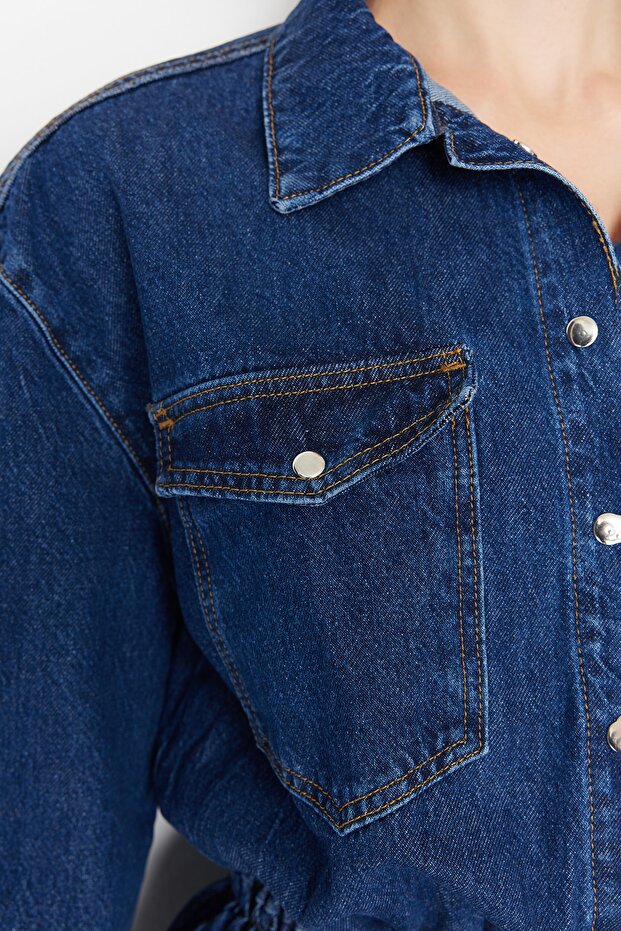 Lacivert A-Kesim Beli Lastikli Denim Kısa Şık Mezuniyet Elbisesi TPRAW23EL00420 - 5