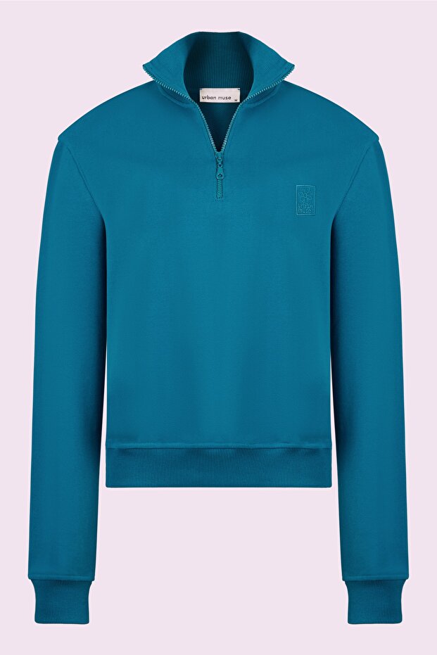Fermuarlı Mavi Sweatshirt - 1