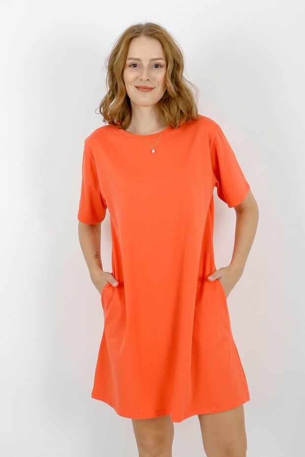 Yuvarlak Yaka Basic T-shirt Elbise - 1