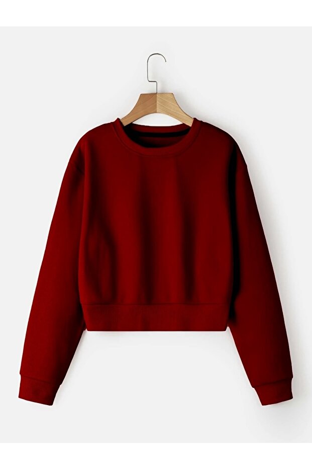 Kadın Crop Basic Bisiklet Yaka Sweatshirt - 1