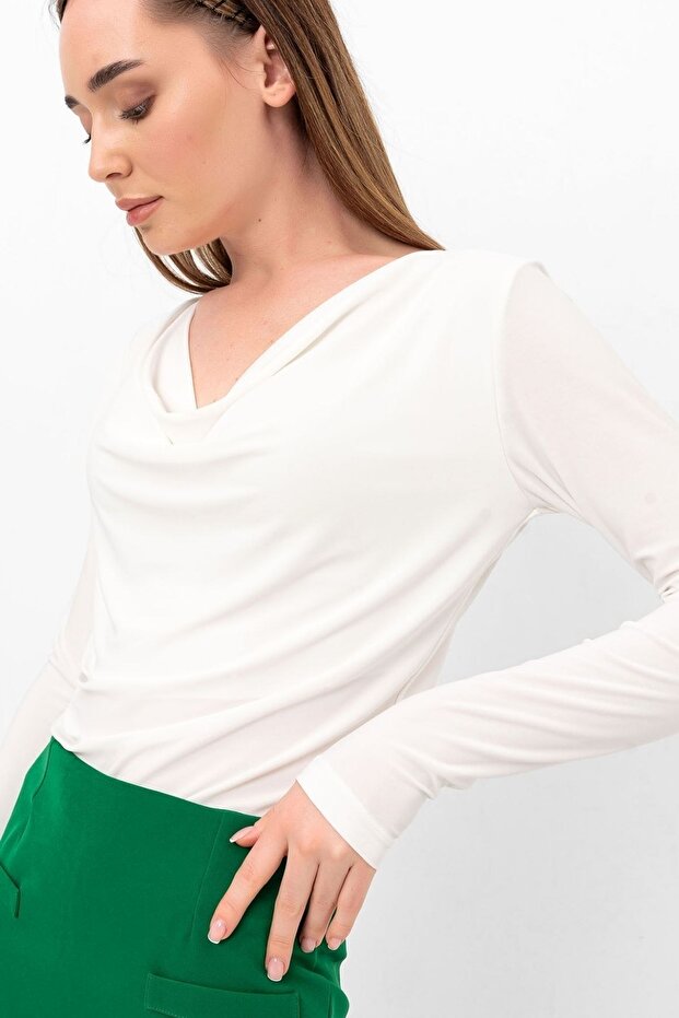 Ecru Degaje Yaka Uzun Kol Bluz - 1