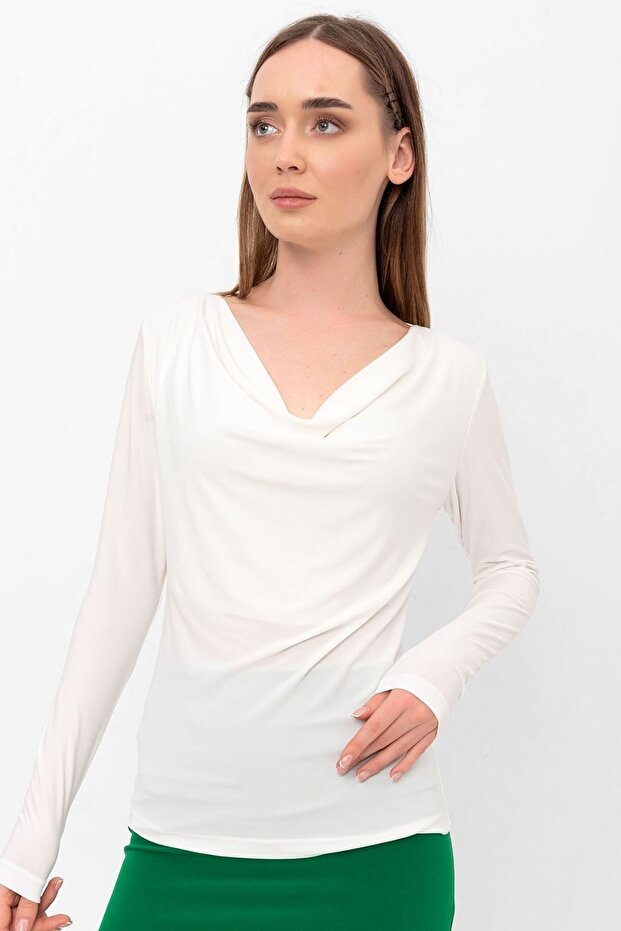 Ecru Degaje Yaka Uzun Kol Bluz - 6