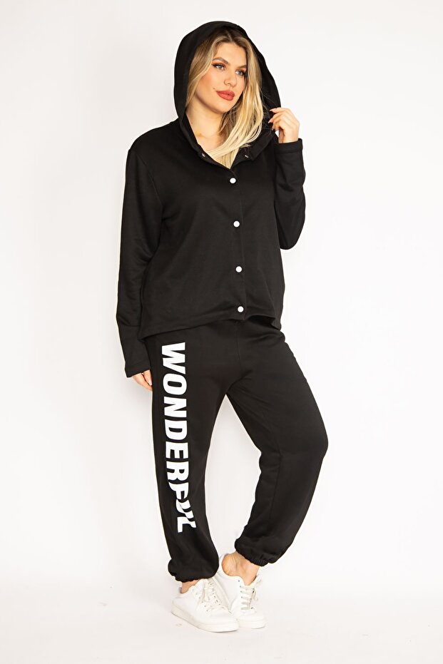 Women's Large Size Black Snap Button Tracksuit 65n35107