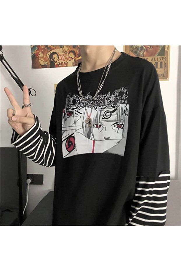 Anime Itachi Uchiha Graffiti Logo Striped Sleeve Unisex T-shirt