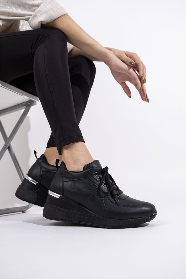 Black Wedge Heeled Sneaker Lace-Up Sports Shoes - Pily