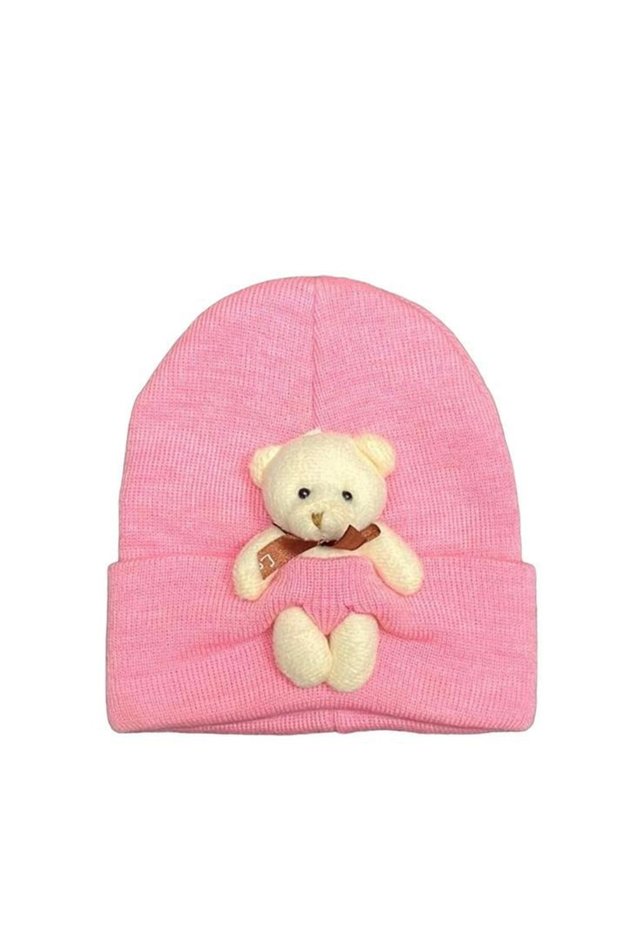 Combed Cotton Colored Unisex Beret with Plush Teddy Bear