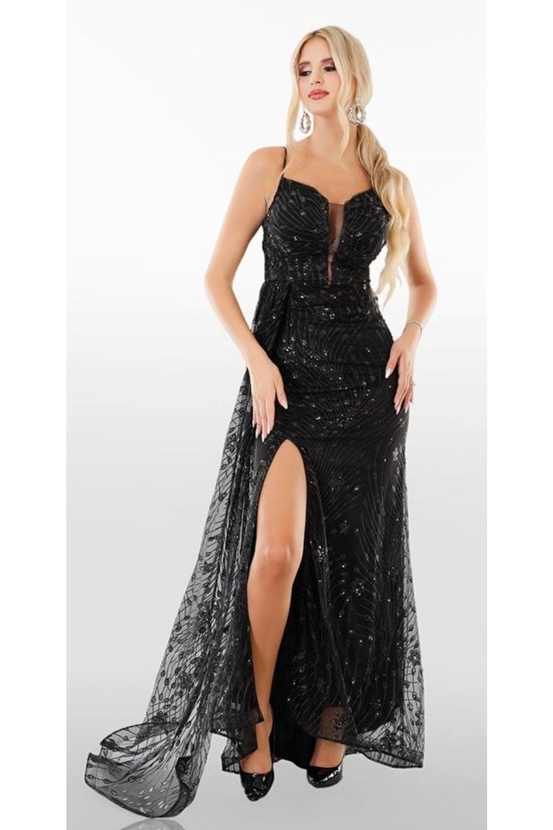 Women's Chest Pleated Slit Sequin Long Evening Dress Homecoming Dress Black