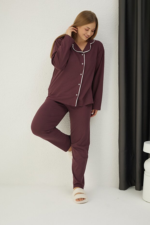 Battal Pamuklu Düğmeli Pijama Takım - 3