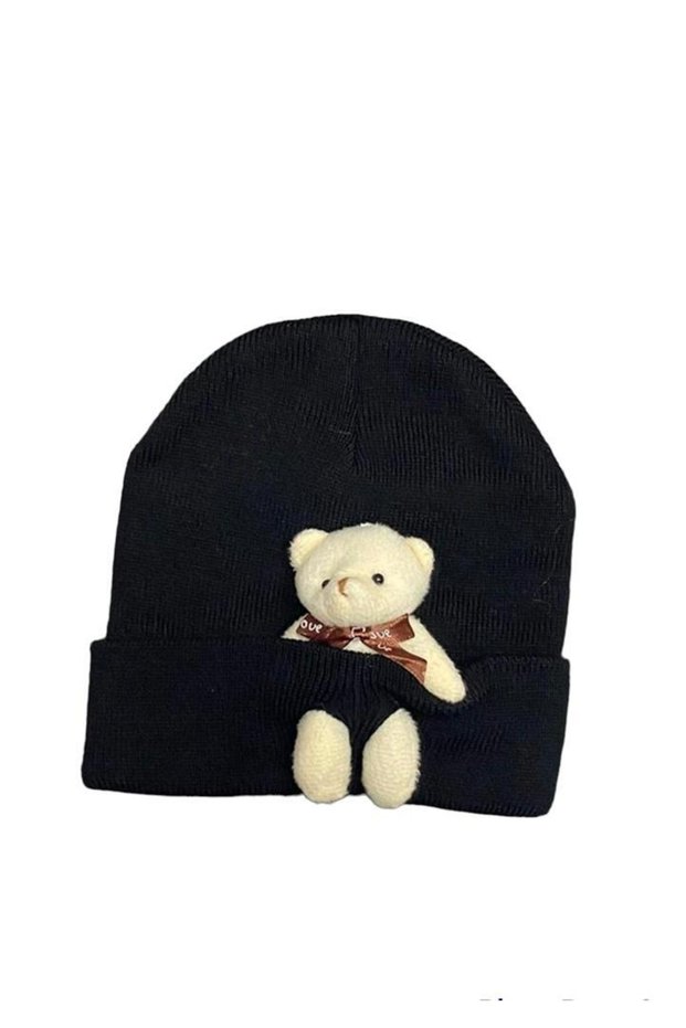 Combed Cotton Colored Unisex Beret with Plush Teddy Bear