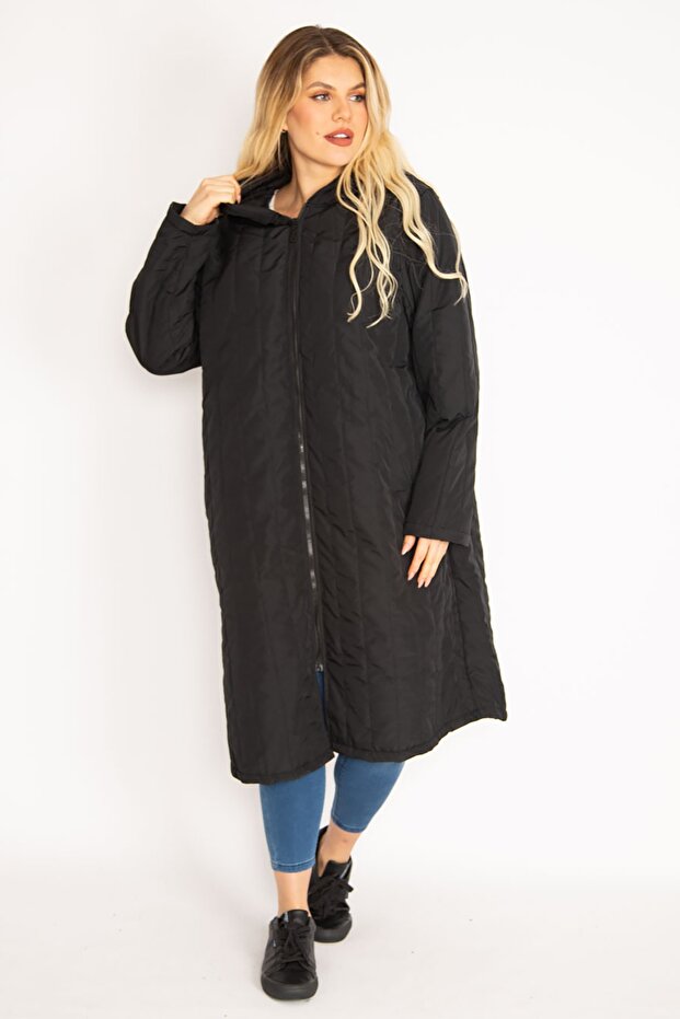 Women's Large Size Black Quilted Hooded Front Zipper Puff Coat 65n35130 - 2