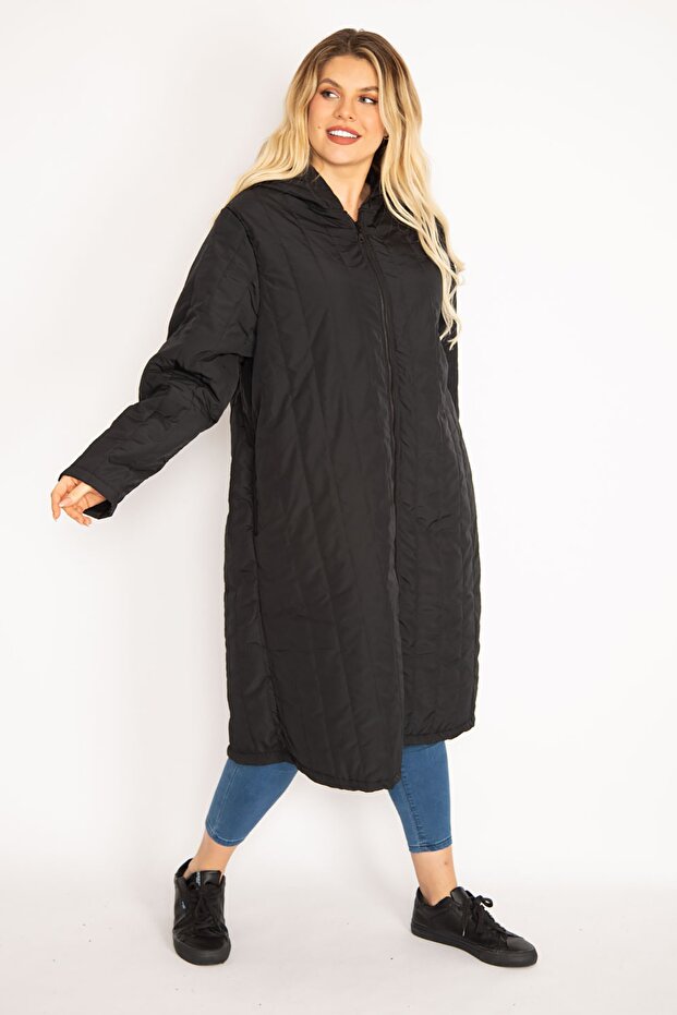 Women's Large Size Black Quilted Hooded Front Zipper Puff Coat 65n35130 - 7