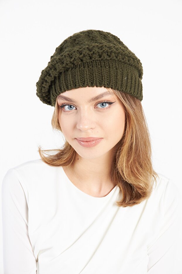 Haki Kadın Triko Tek Kat Ressam Bere - 1