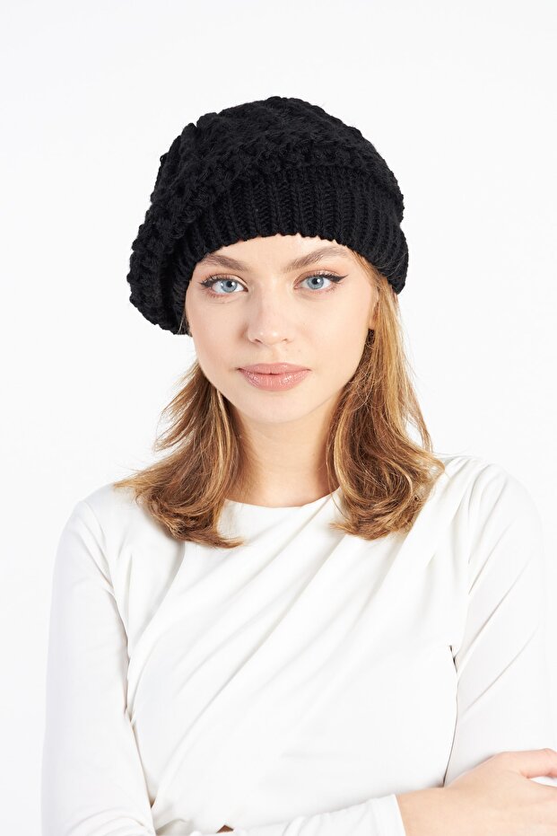 Siyah Kadın Triko Tek Kat Ressam Bere - 1