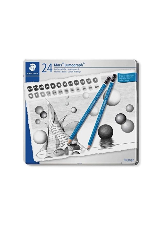 Mars Lumograph Graduated Pencil Charcoal Sketch Drawing Set 24 Pieces Metal Box (12b-10h)