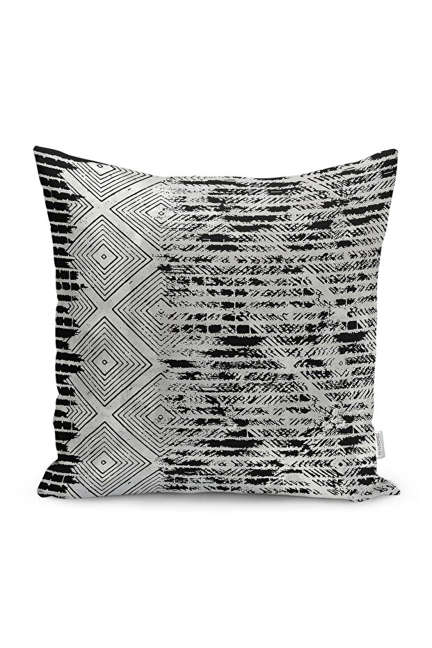 Black - Gray Antique Motif Clay Patterned Digital Printed Pillow Cushion Cover on the Floor
