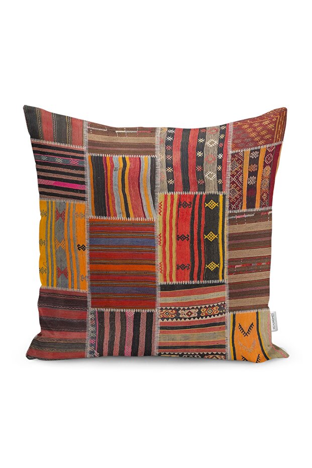 Patchwork Patterned Ethnic Patterned Digital Printed Pillow Cushion Cover on Red Background - 1